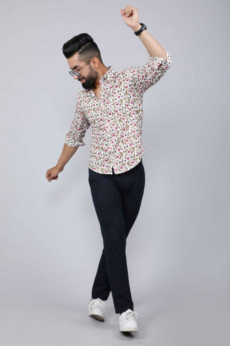 Miravan Men's Cotton Printed Full Sleeve Slim Fit Spread Neck White & Pink Colour Shirt