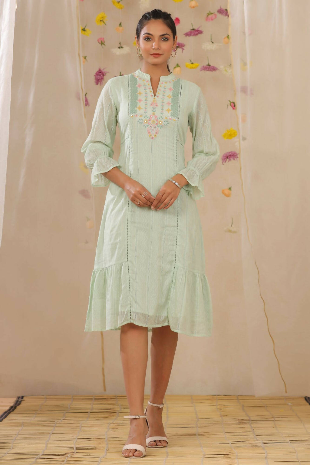 Juniper Women Sagegreen Cotton Dobby Woven Design A-Line Dress - Distacart