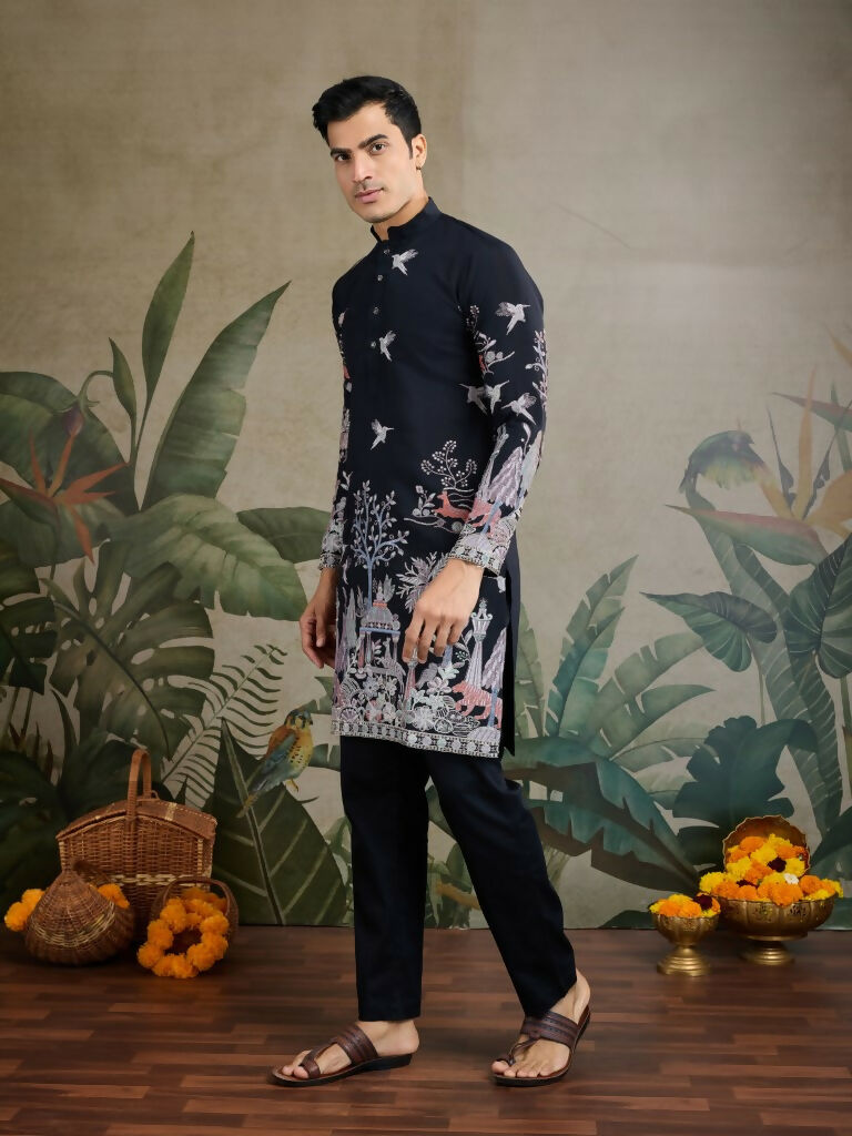 Vastranavya Black Exclusive Festival Wear Viscose Silk Thread & Sequence Embroidered Work Kurta