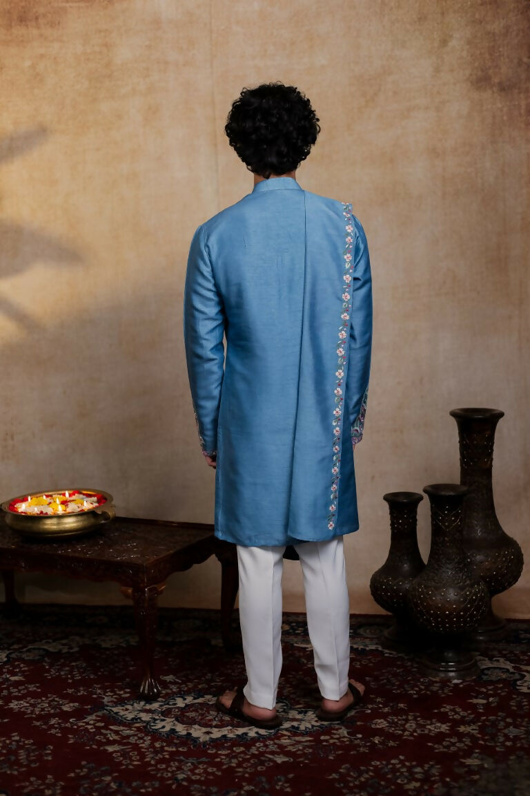 Falling Raw Silk Blue Varnika Kurta Set By Hilo Design