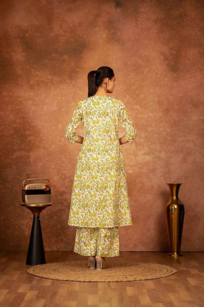 Joban Fashion Yellow Hand Block Printed Cotton Suit Set - Distacart