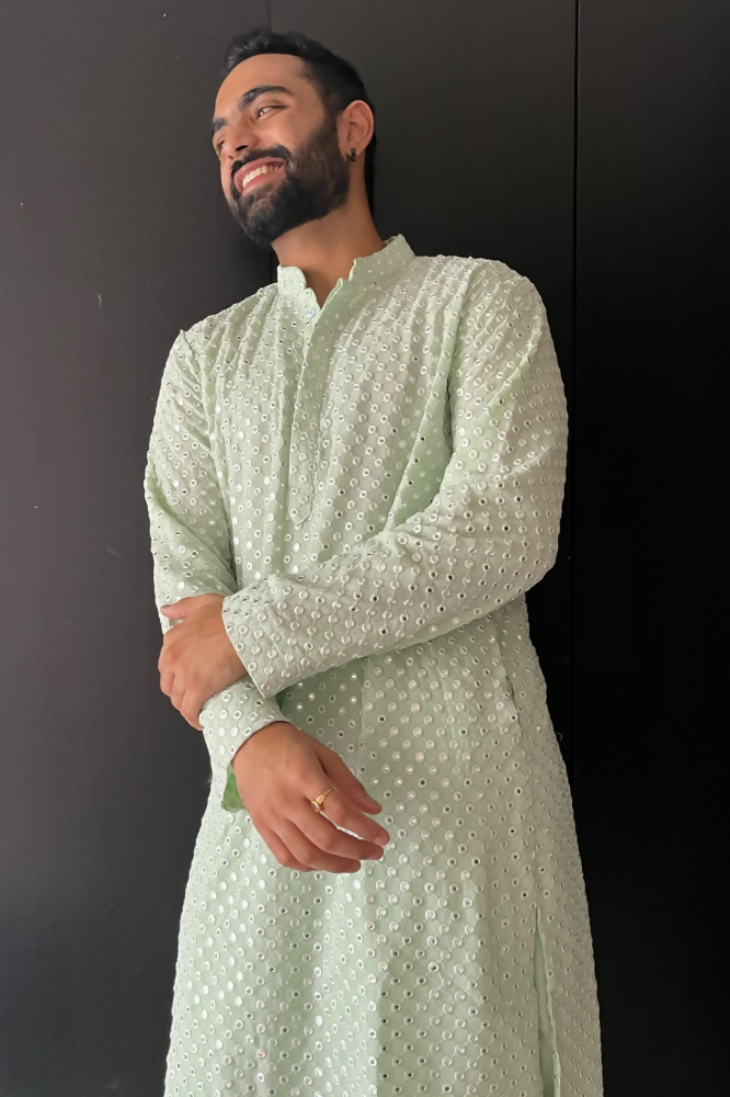 Pista Green Mirror Work Designer Kurta by Hilo Design