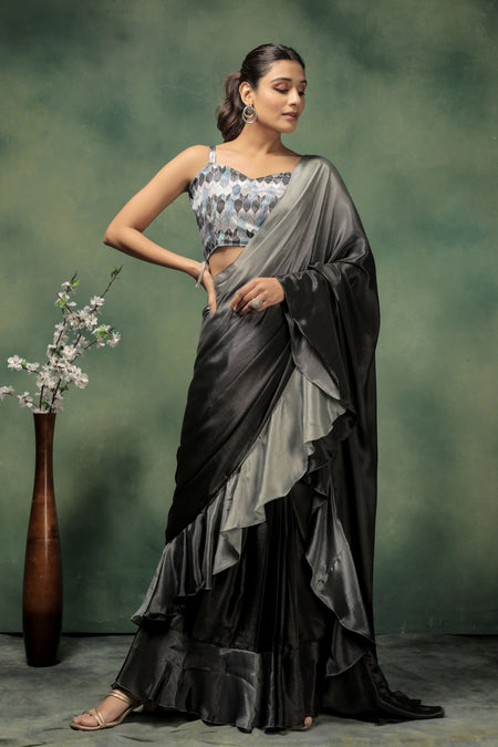 Grey Satin Solid Designer, Printed Party Wear Ready To Wear Saree - Nasreen