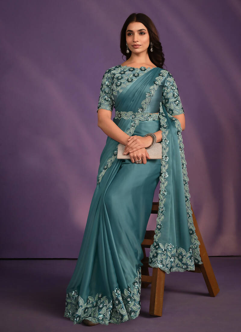 Rama Crepe Satin Silk Embroidered Saree With Stitched Blouse - Mohmanthan Exotica