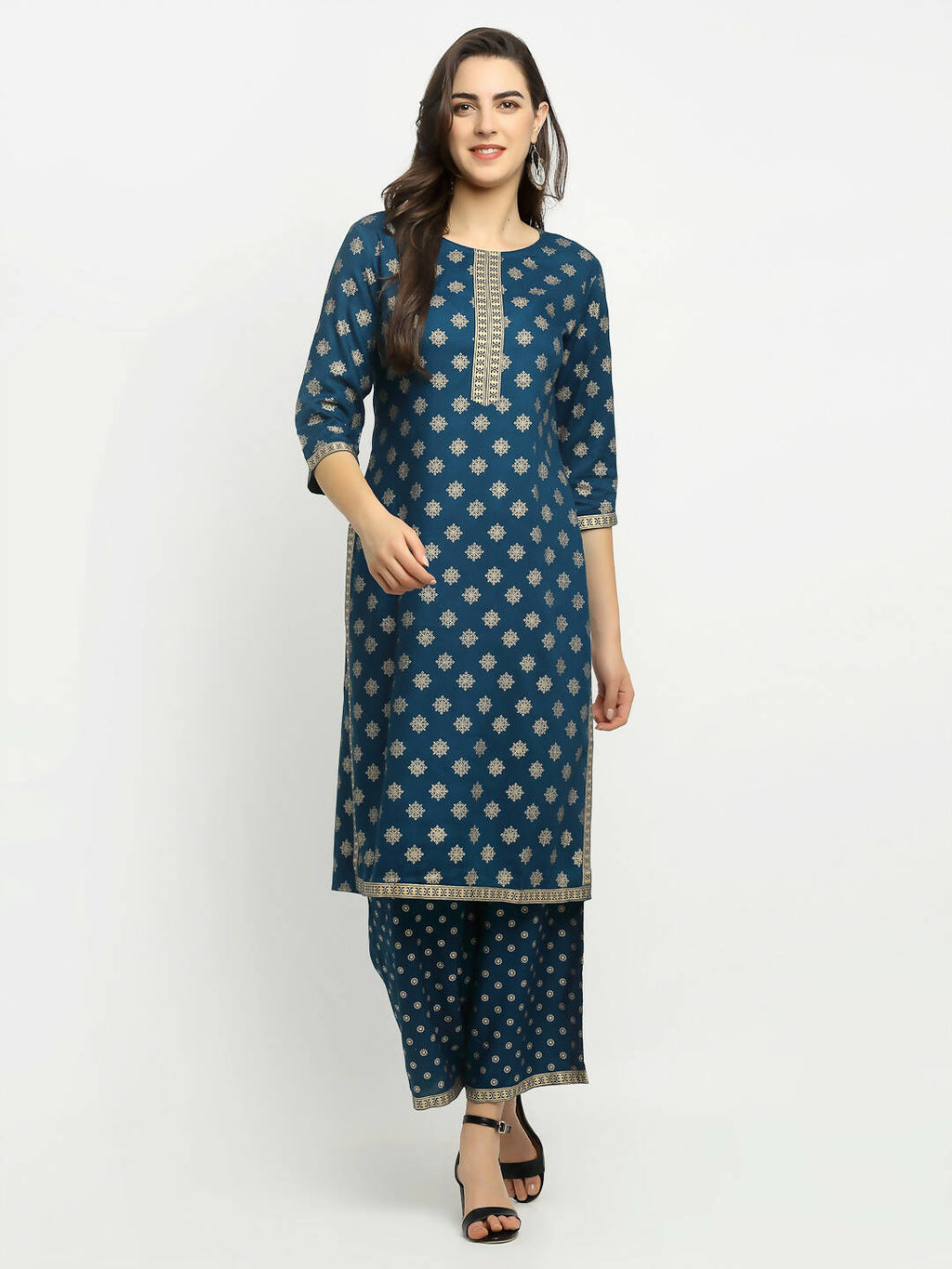 Rudra Bazaar Stright Gold Printed Kurti With Palazzo - Distacart