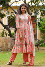 Yufta Pink Printed Tiered Kurta with Trouser and Dupatta