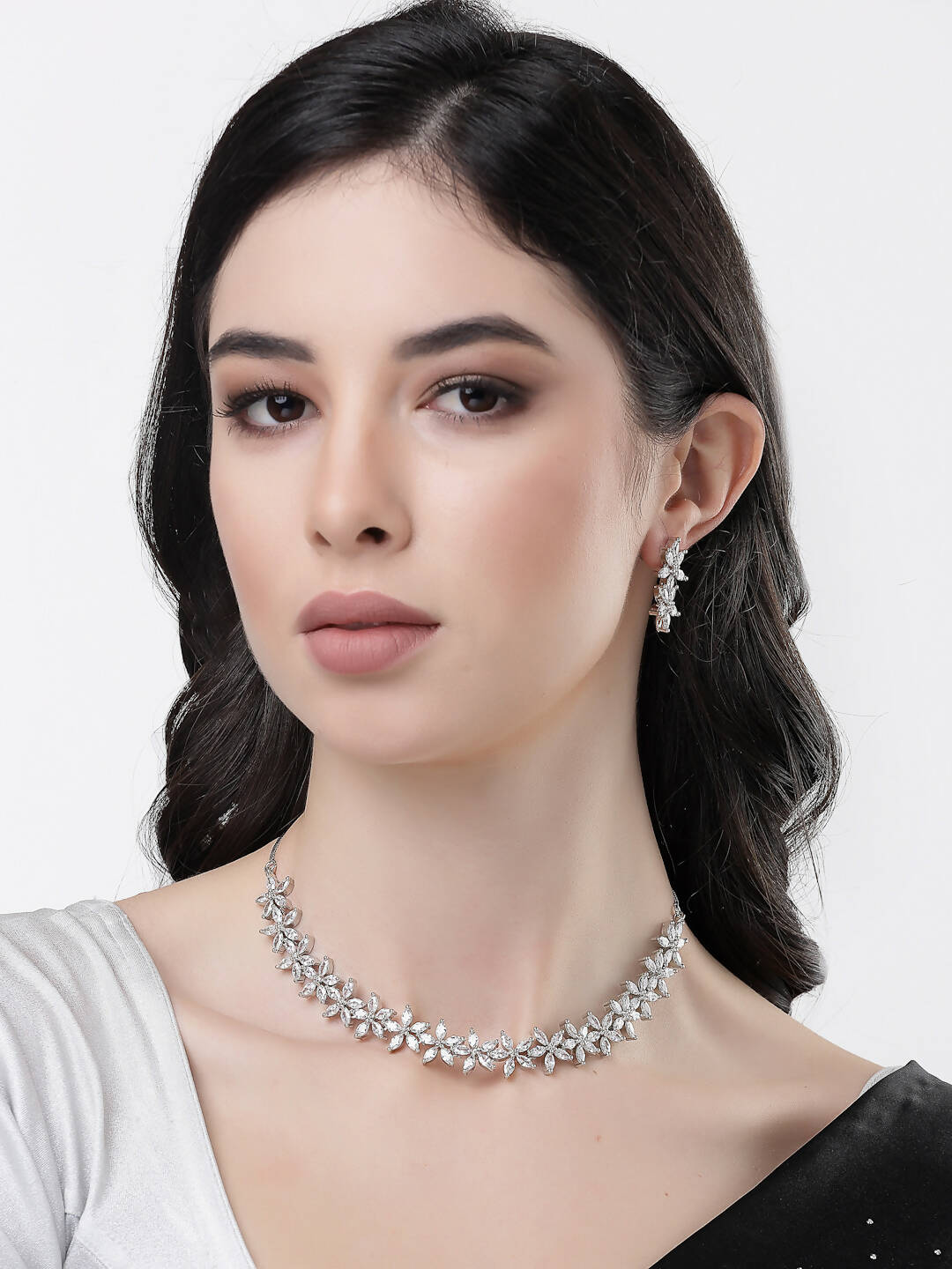 NVR Women Silver Plated Cz Stone Handcrafted Jewellery Set