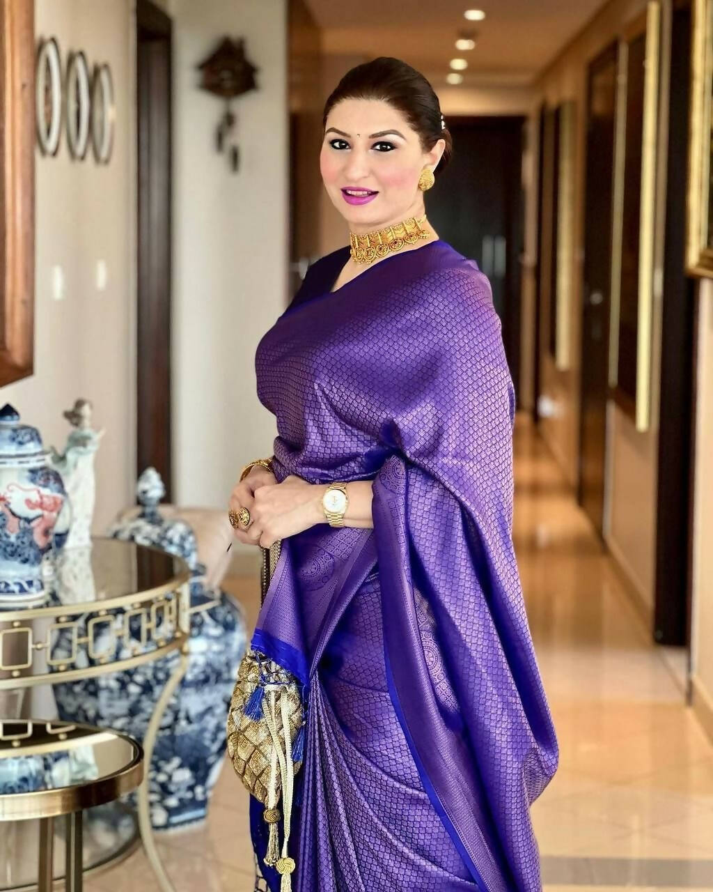 DEIANA'S Beautiful Designer Golden zari Soft Lichi Silk Saree - Blue