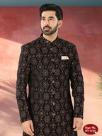 Joban Fashion Men's Marron Base Straight Velvet Thread And Sequence Embroidary All Over Indo-Western Kurta Set