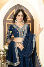 Eilara Prussian Blue Georgette Embroidered Panelled Style Lehenga