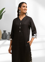 Joban Fashion Black Linen Embroidered Readymade Long Kurta With Pant - Distacart