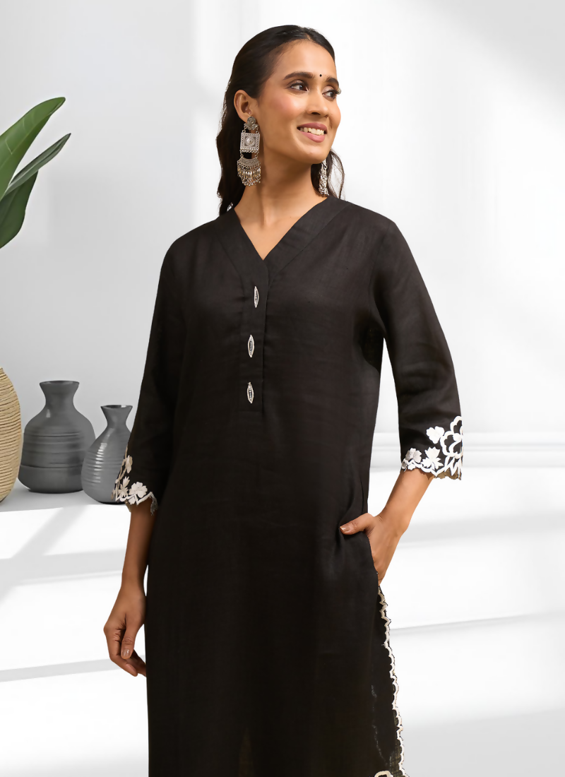 Joban Fashion Black Linen Embroidered Readymade Long Kurta With Pant - Distacart