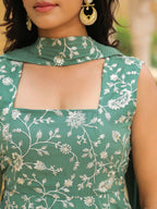Janasya Sage Green Georgette Embroidered Kurta,Bottom & Dupatta