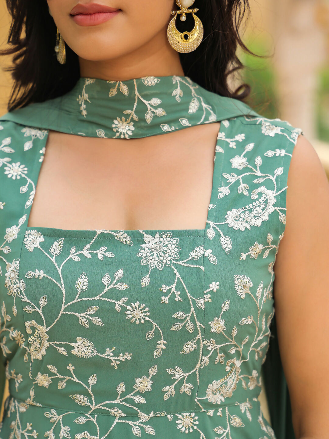 Janasya Sage Green Georgette Embroidered Kurta,Bottom & Dupatta