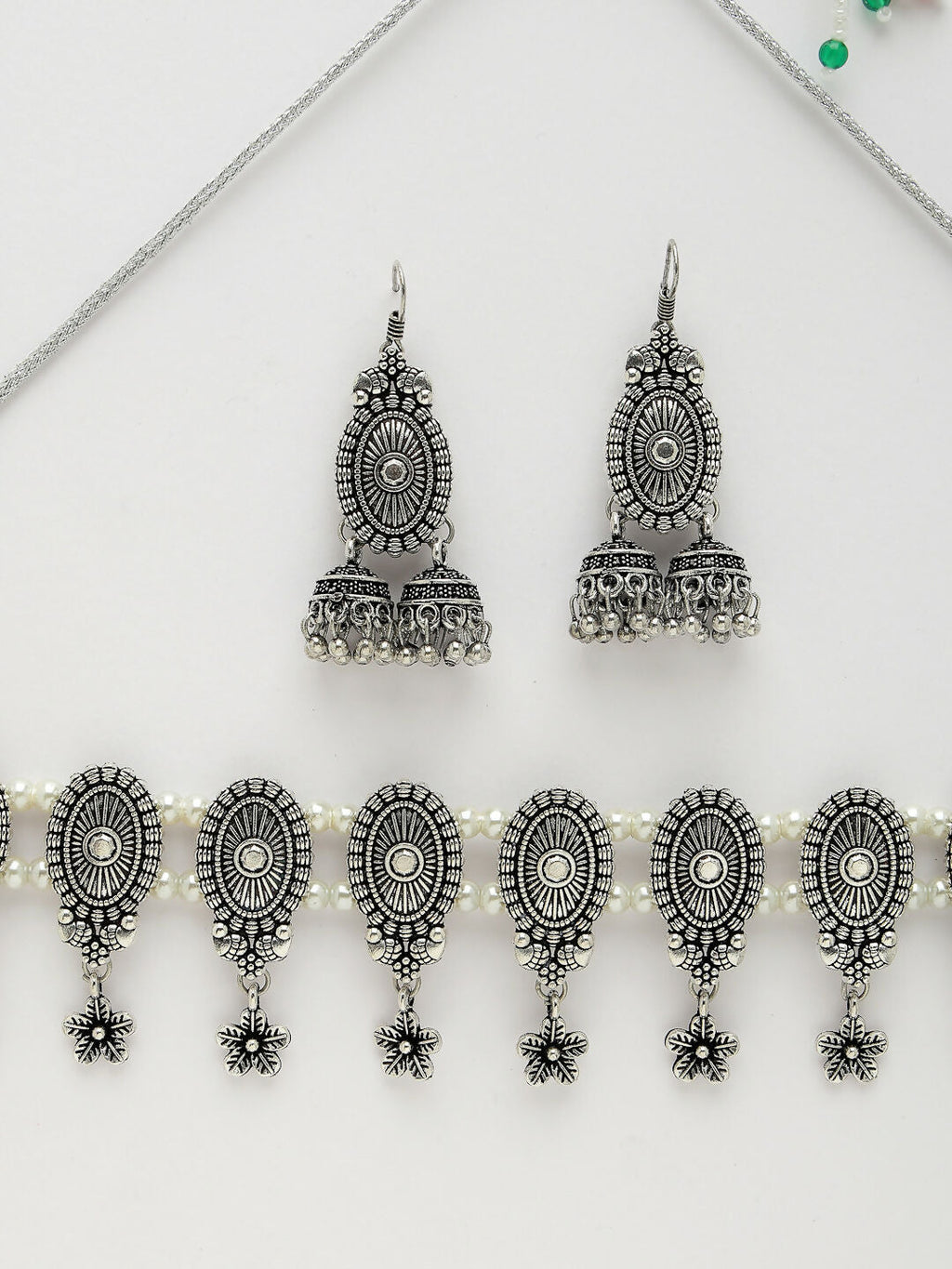 NVR Women's Silver-Plated Choke Oxidized Necklace with Jhumka Earrings