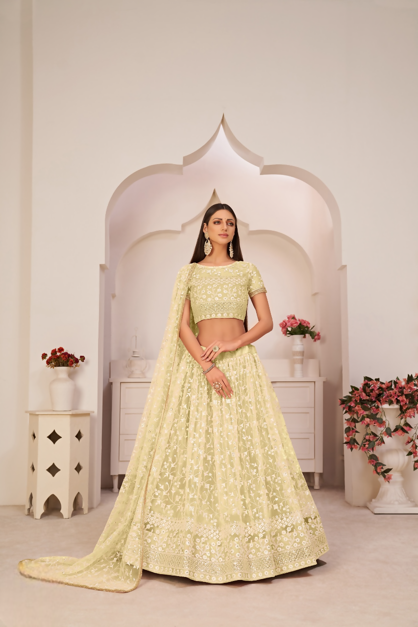 Eilara Lemon Green Net Floral Embroidered Lehenga Choli Set