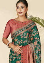 Green Gajji Silk Floral Print with Hand Mirror work Border Saree - Norita Nirvi