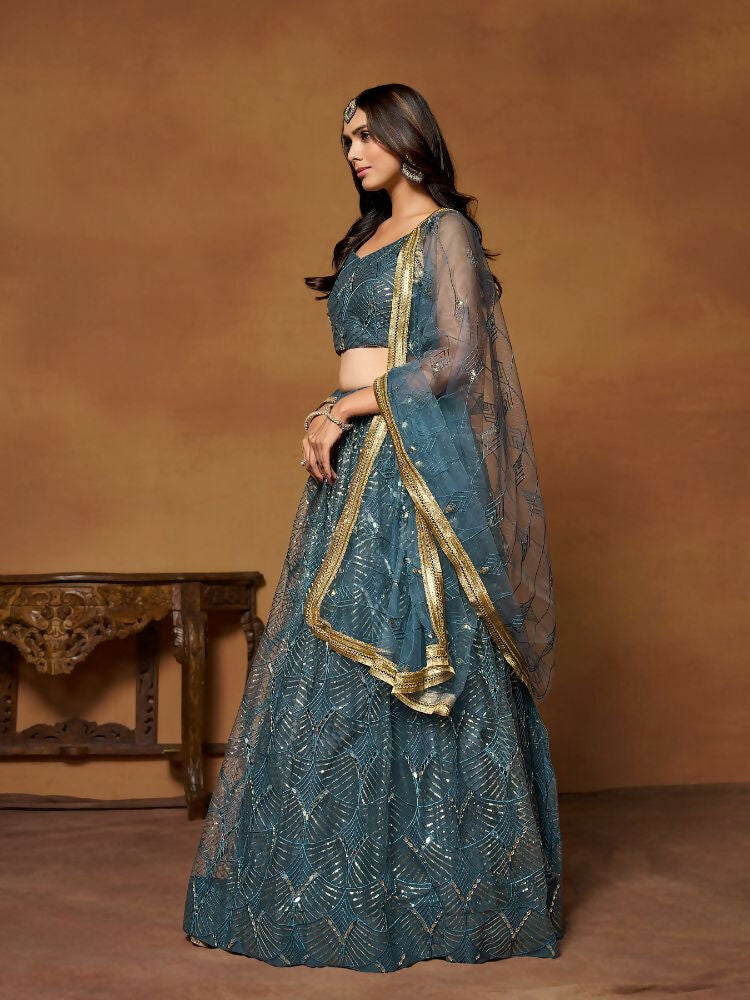 Blue Butterfly Soft Net Embroidery With Real Mirror Work Lehenga Choli - Jihu Culture