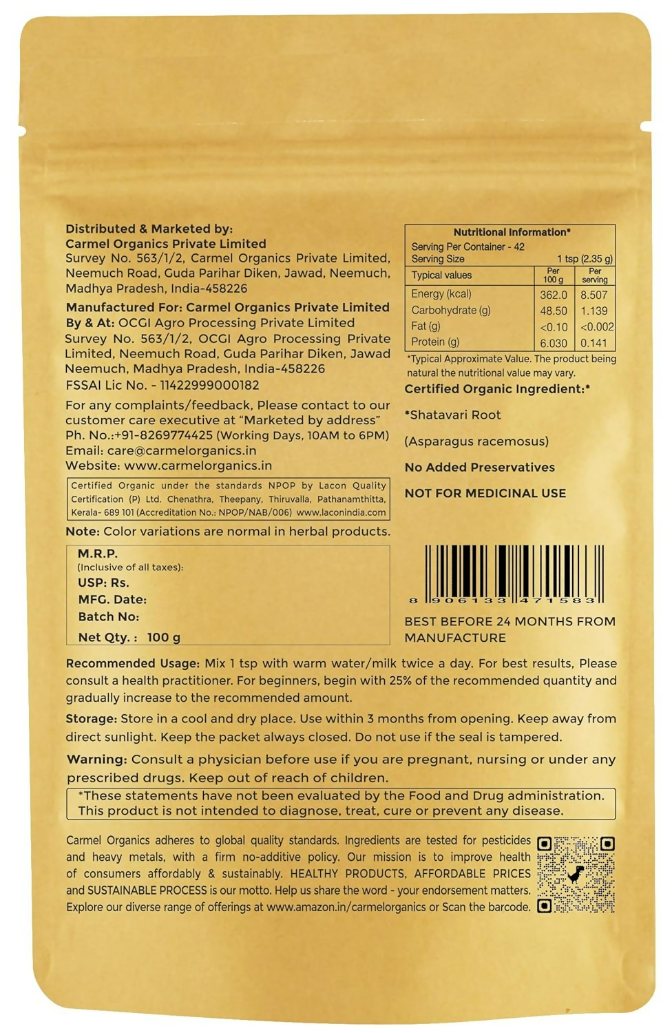 Carmel Organics Shatavari Root Powder