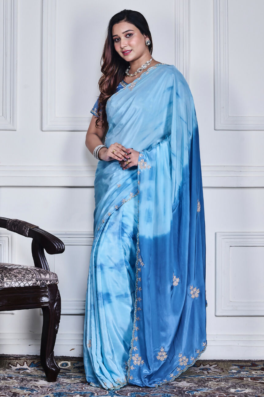 Morchari Sky Blue Crepe Hand Embroidery Saree And Stitched Blouse - Distacart