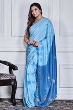Morchari Sky Blue Crepe Hand Embroidery Saree And Stitched Blouse - Distacart