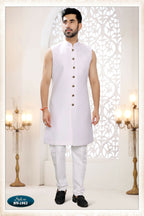 Joban Fashion Men's White Straight Silk Thread And Sequence Embroidery All Over 3 Pc Kurta Set