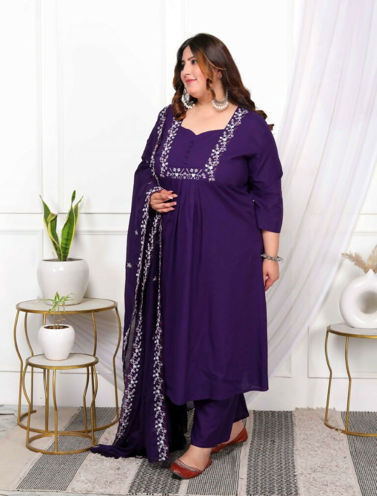 Miravan Women's Plus Size Cotton Purple A-Line Kurta With Embroidered Neck And Palazzo With Embroidered Dupatta Set