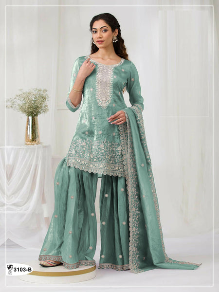 Anaita Sky Blue Gold Crush Stitched suit with heavy embroidery work