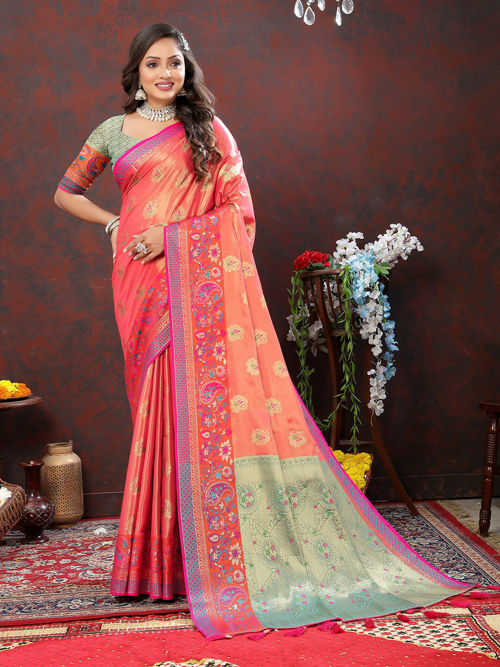 Lorenvalley Fashion Peach Kanjivaram Silk Woven Design with Zari Weaving Saree