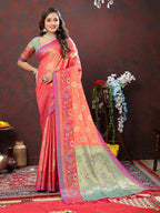Lorenvalley Fashion Peach Kanjivaram Silk Woven Design with Zari Weaving Saree