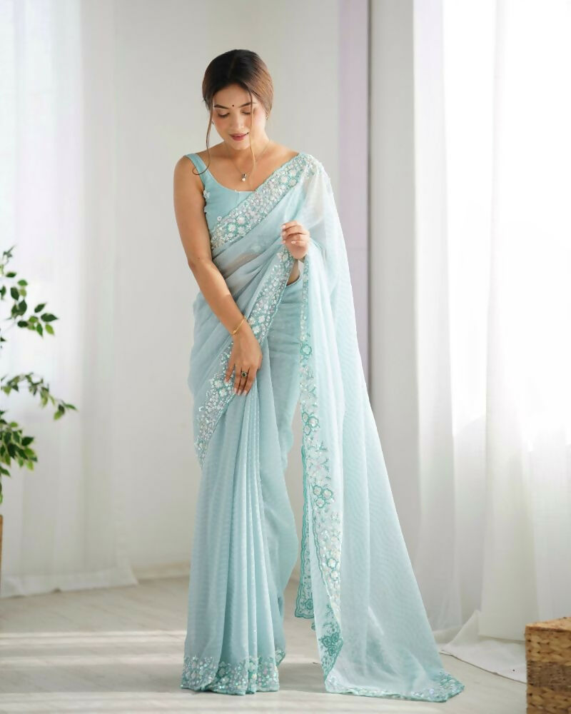 Georgette Designer Sequance Embroidery Work Party Wear Saree - Sky Blue
