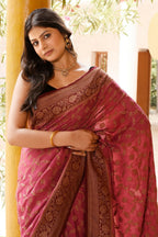 Joban Fashion Dark Pink Crepe Chiffon Pure Handloom Banarasi Silk Saree