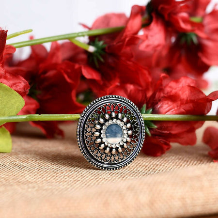 Mominos Fashion Joharkamal Oxidised Silver-Toned Adjustable Finger Ring