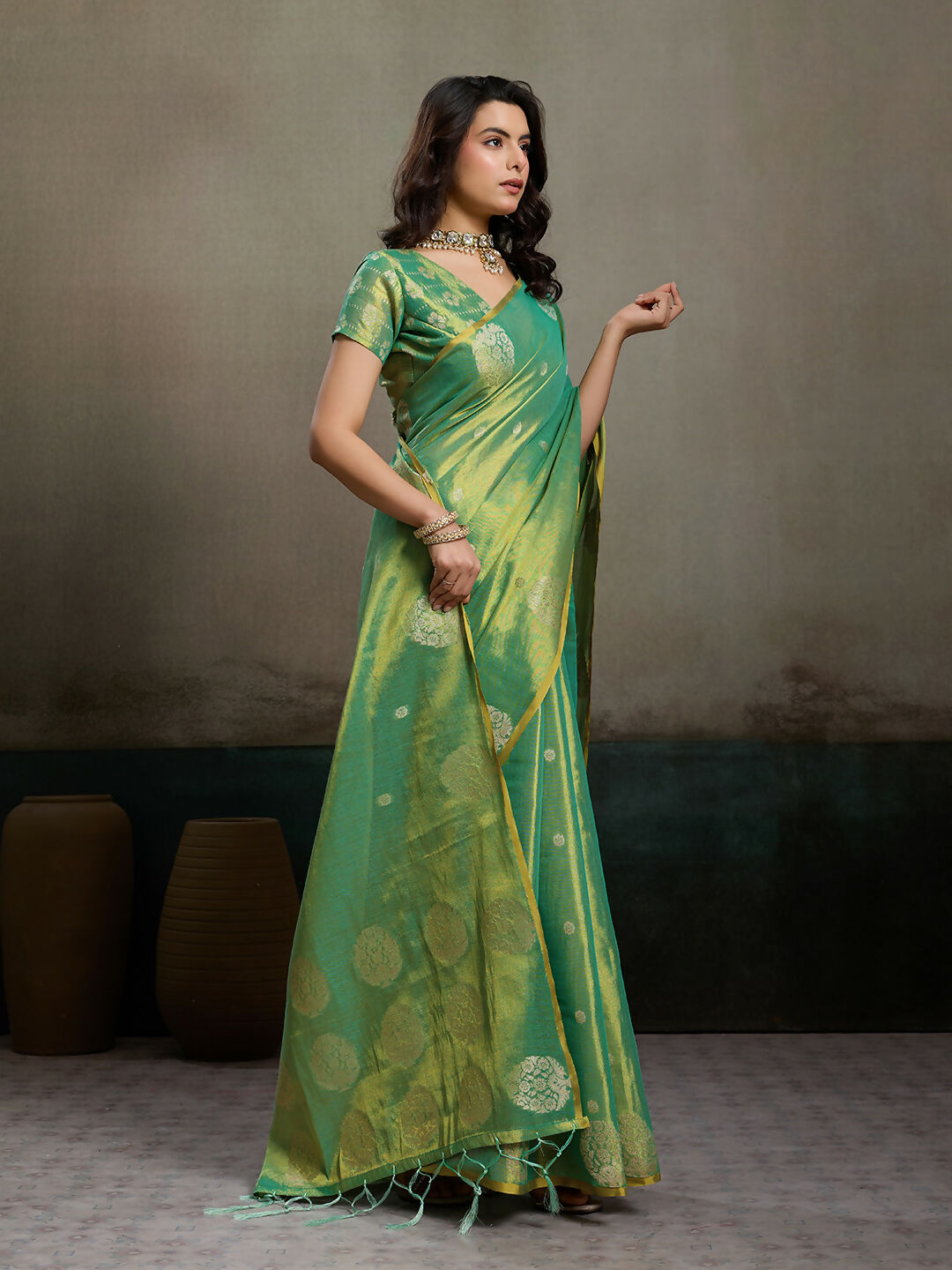 Shree Shyam Fashion Green Tissue Silk Saree - Distacart