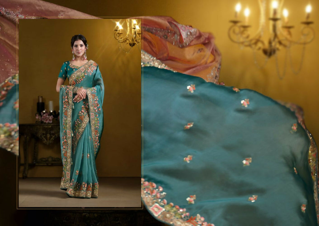 Teal Blue Pure Twill Tissue Pure Khatli work Designer Saree With Blouse. - Rajasvi