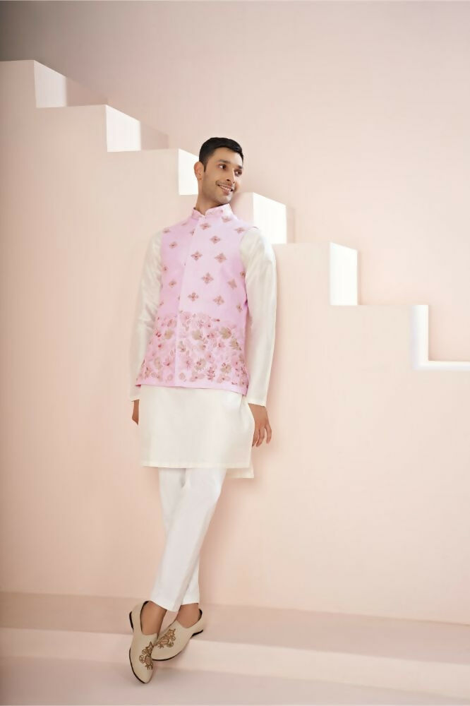 Lavender Pink Hand Embroidered Nehru Jacket by Hilo Design