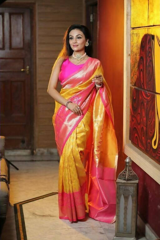 DEIANA'S Beautiful Designer Golden zari Soft Lichi Silk Saree - Yellow
