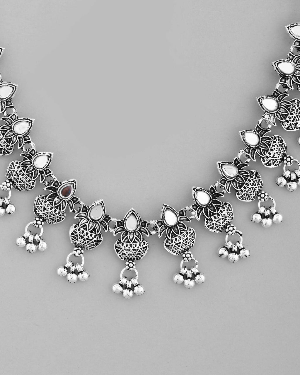 VOJ Silver Plated Oxidized Kalash Shaped Choker with Earring Set