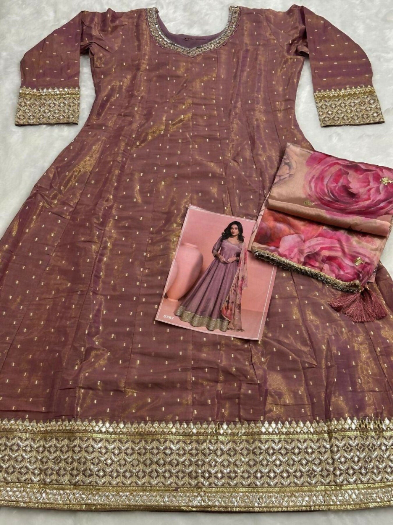 Anaita Brown Shimmer Stitched Anarkali Suit with Sequins Embroidery Foil Stitch Work - Distacart