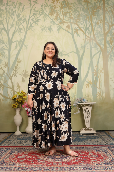 Jyoti Fashion Women's Black Rayon Floral Print with Sequins Designer Anarkali Set
