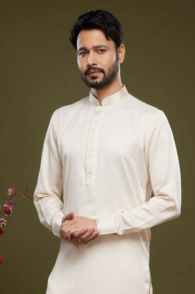 Raivat Ethnic Art Banarasi Silk Thread Work Kurta Pajama In Cream Colour