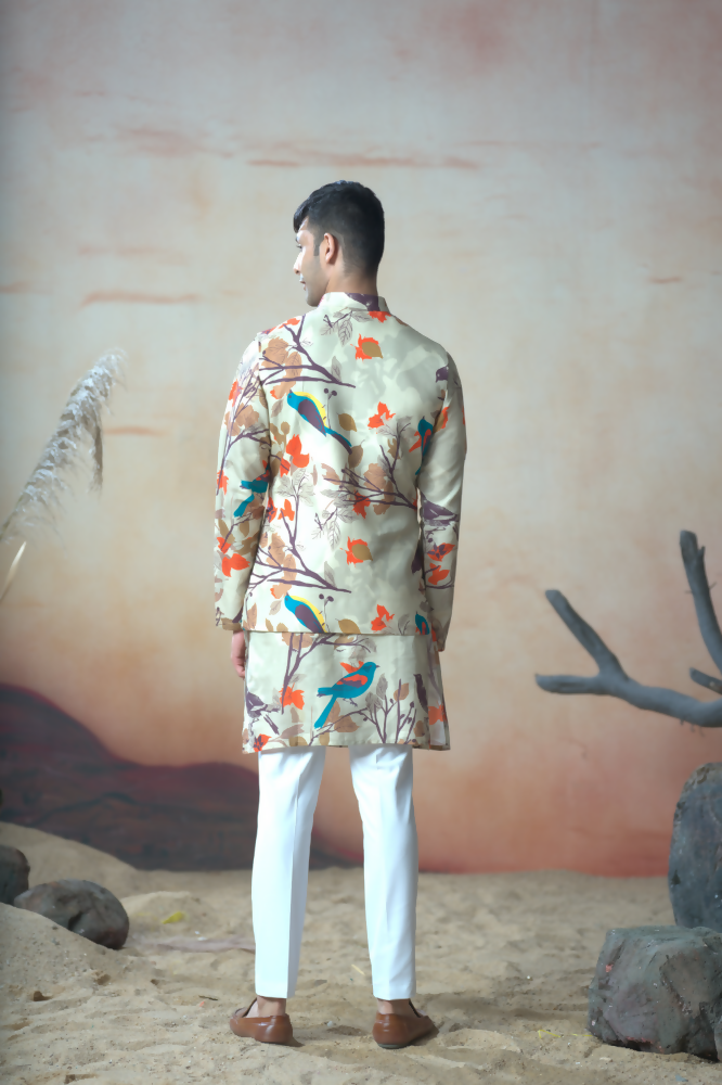 Serenity Bird Themed Print Cotton Nehrujacket Set by Hilo Design