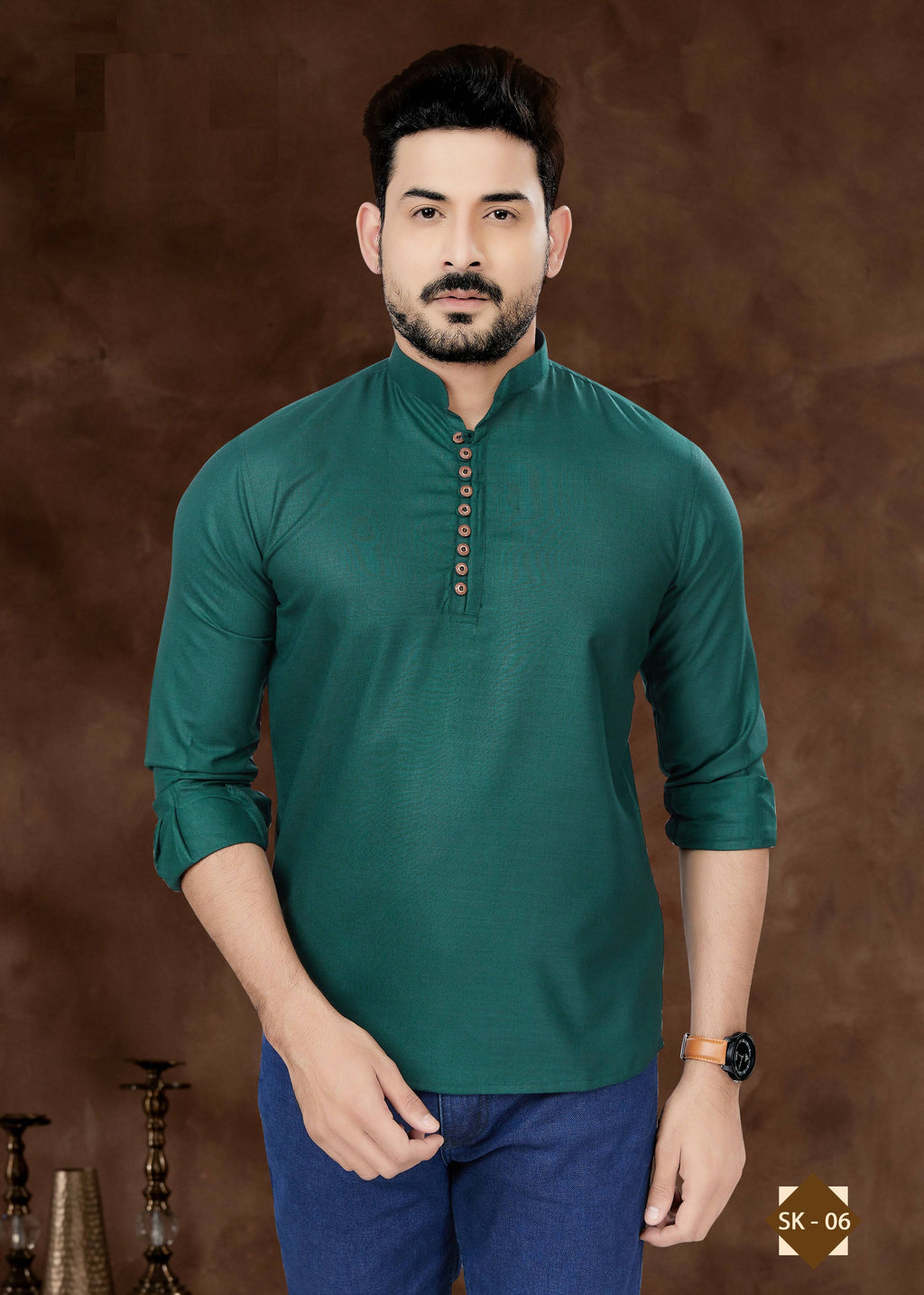 Joban Fashion Men's Pure Cotton Green Plain Short Kurta