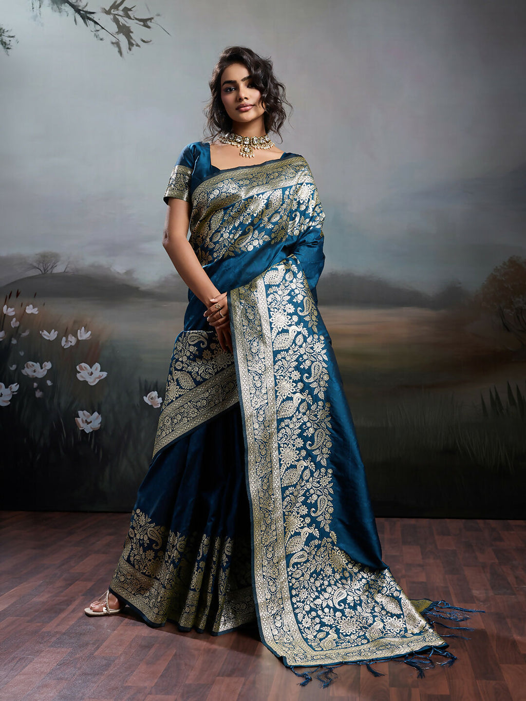 Shree Shyam Fashion Navy Blue Silk Blend Saree - Distacart