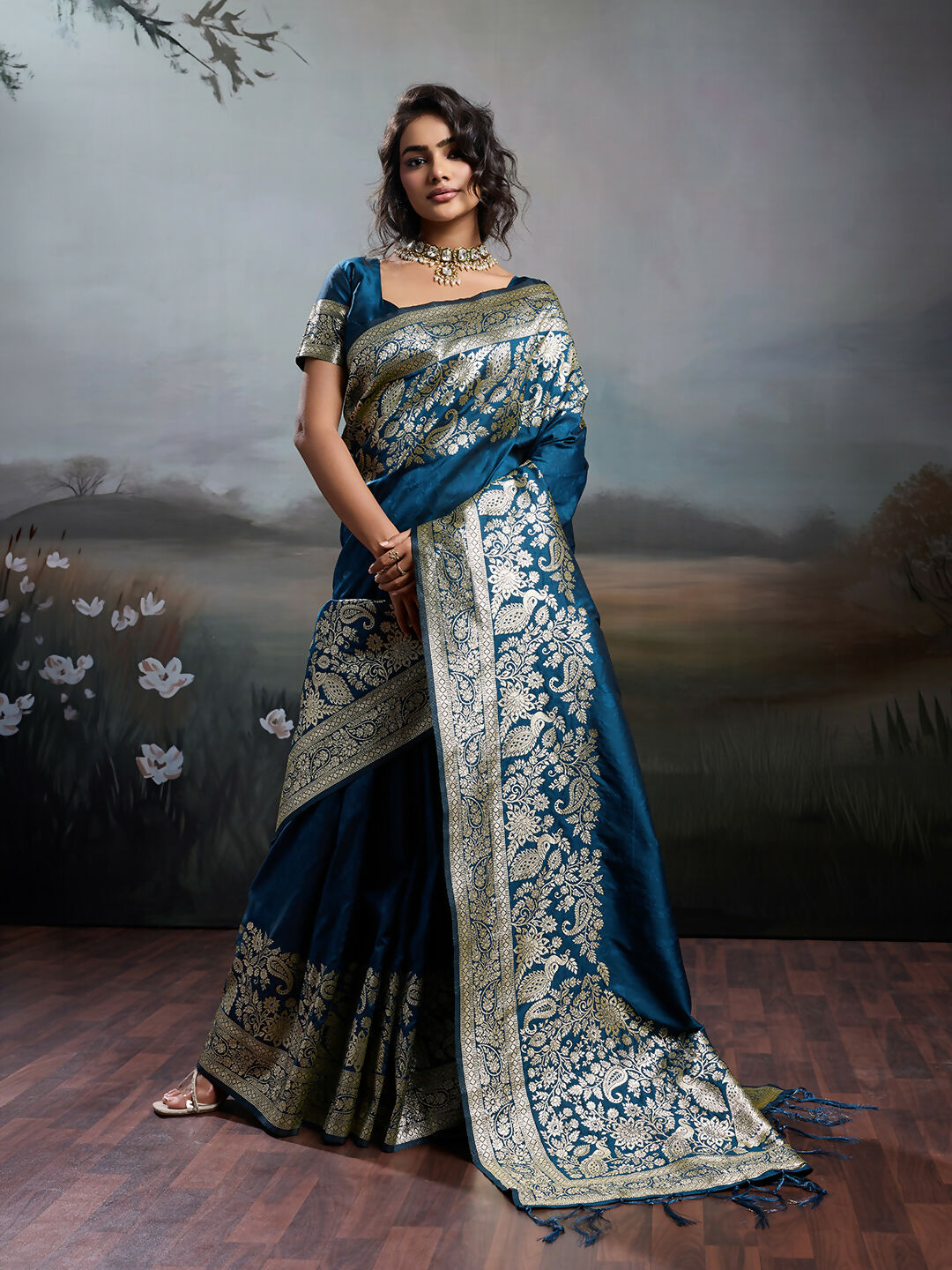 Shree Shyam Fashion Navy Blue Silk Blend Saree - Distacart