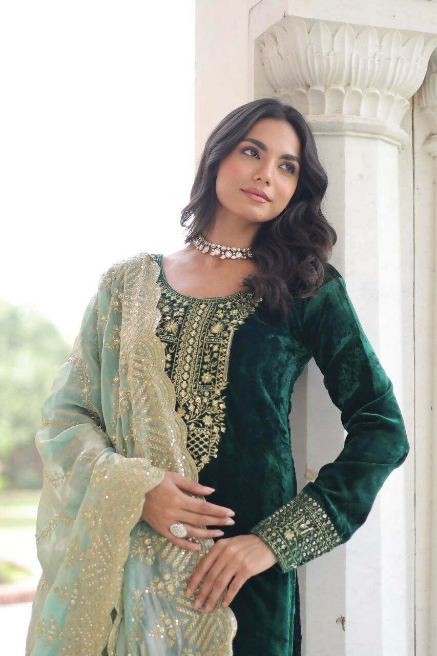 Vastranavya Green Velvet With Rich Sequins & Zari Embroidered Work Top-Bottom With Dupatta - Distacart