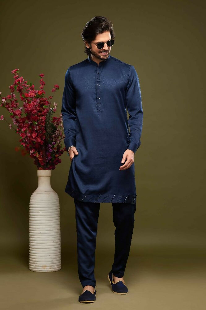 Raivat Ethnic Art Banarasi Silk Thread Work Kurta Pajama In Blue Colour