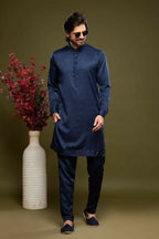 Raivat Ethnic Art Banarasi Silk Thread Work Kurta Pajama In Blue Colour
