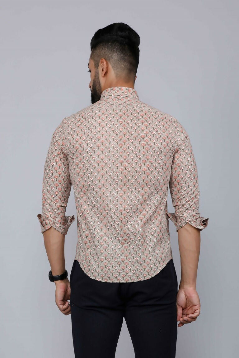 Miravan Men's Beige Pure Cotton Handblock Floral Print Shirt