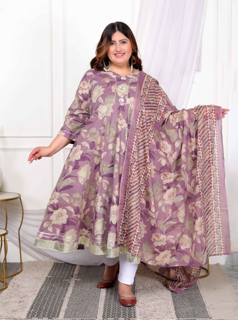 Miravan Women's Plus Size Purple Flower Printed With Beautiful Lace Border Details Anarkali Kurta With Dupatta Set